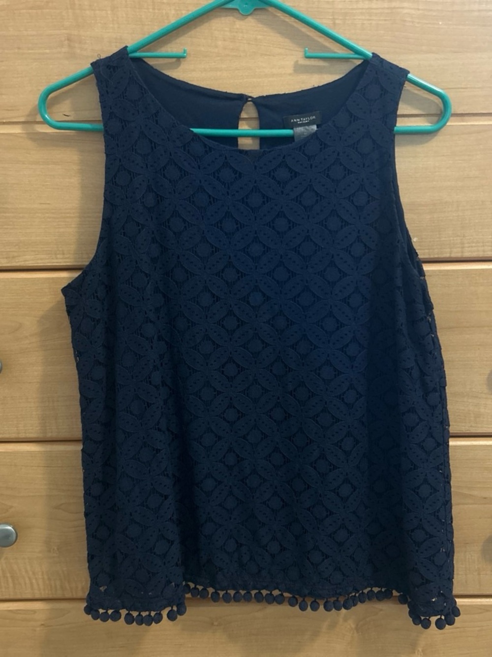 Ann Taylor Navy Crochet Pom-Hem Tank